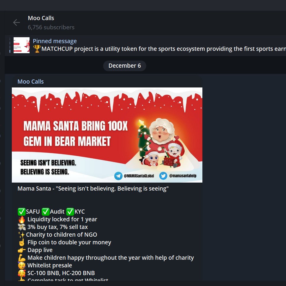 MAMA Santa got called by t.me/MooCalls/2017 on telegram. 

Lets spread the news about MAMA Santa everywhere, 100x gem not to miss out in this bear market