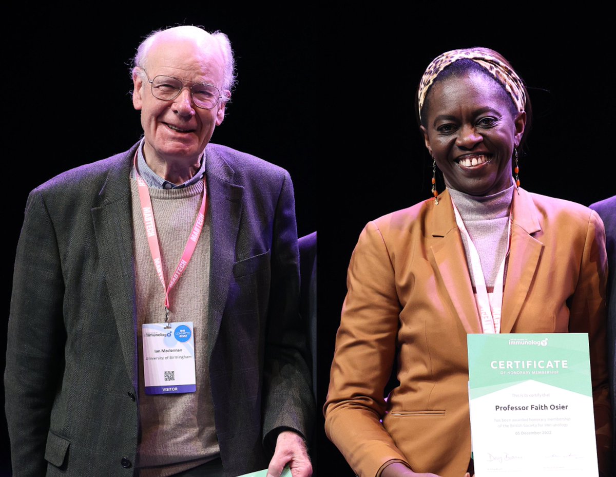 britsocimm's tweet photo. 🌟Last night at #BSI22, we were delighted to award 2 new BSI Honorary Lifetime Memberships in recognition of outstanding contribution to immunology to:
🔸Prof Ian MacLennan
🔸Prof Faith Osier @FaithOsier 

Read more⬇️
https://t.co/RqWRqY1nSL https://t.co/vd7q7HDTMx