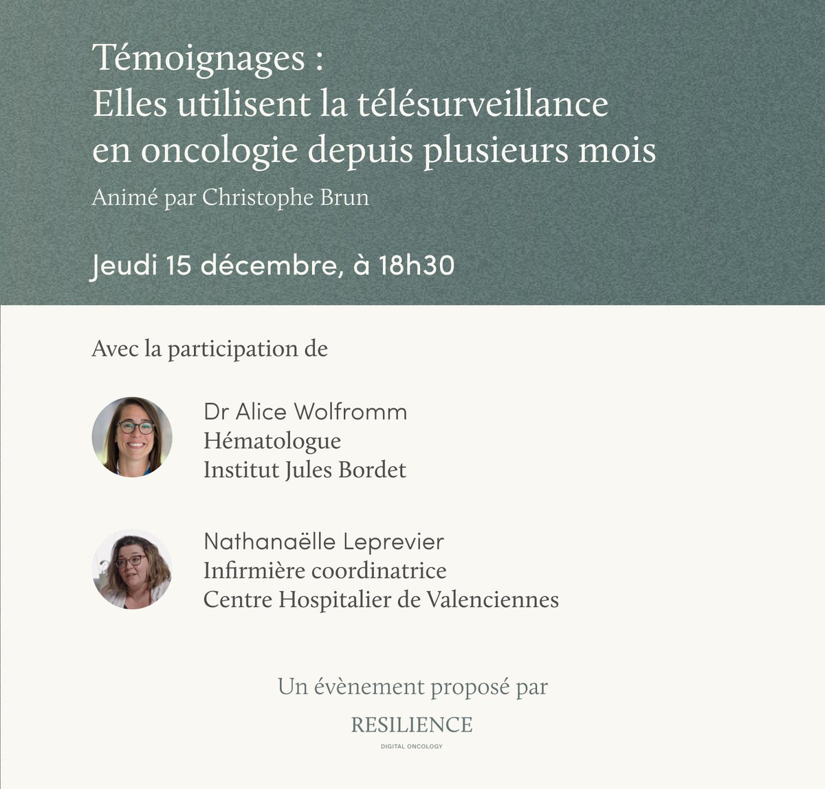 🗓 Rendez-vous jeudi 15 décembre à 18h30 pour notre prochain webinar ! 

Hématologue, infirmière coordinatrice et patiente, nos invitées partageront leurs retours d’expérience après plusieurs mois d’utilisation de la télésurveillance. 

Pour s’inscrire👇webinars.resilience.care/temoignages-ut…