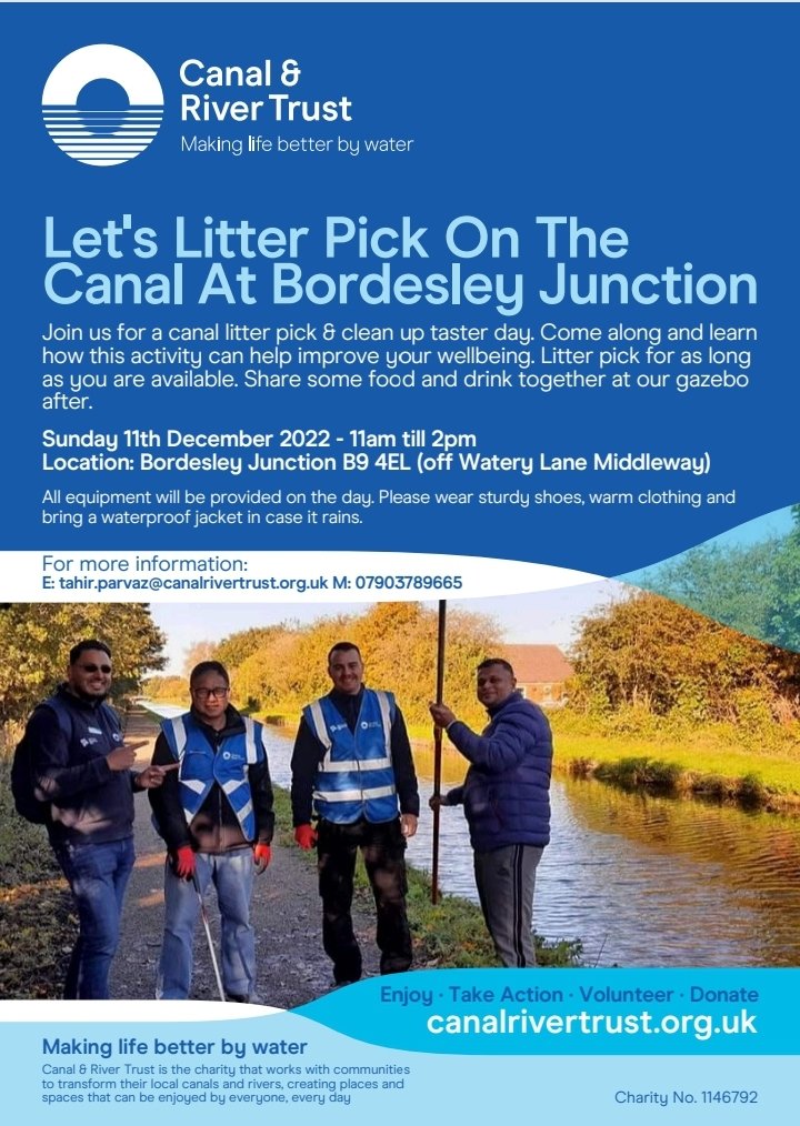 run_taz's tweet photo. Join us on Sunday 11th for a joint #litterpick and #cleanup on the canal from #BordesleyJunction along the #BirminghamandWarwickCanal. Drinks and snacks will be available after the litterpick at our gazebo
@CRTWestMidlands
@CanalRiverTrust
#letspick
#lifesbetterbywater https://t.co/2XAUF41ADD