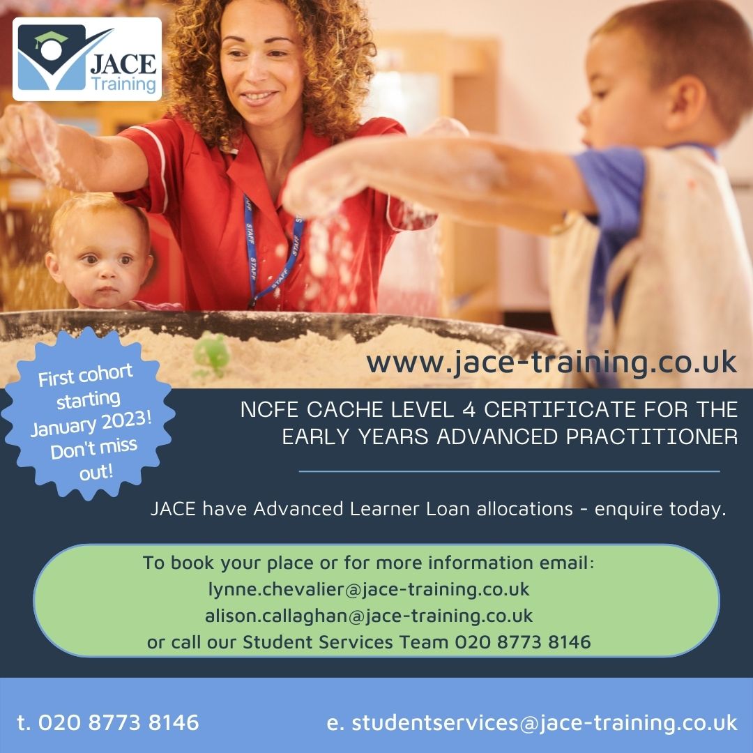 Get in touch with JACE today to find out about our new Level 4 cohort starting in January 2023! #somethingnew #upskill #childcare #earlyyearseducator #practitioners #nurserymanager #nursery #earlyyears #advancedlearnerloan #level4
