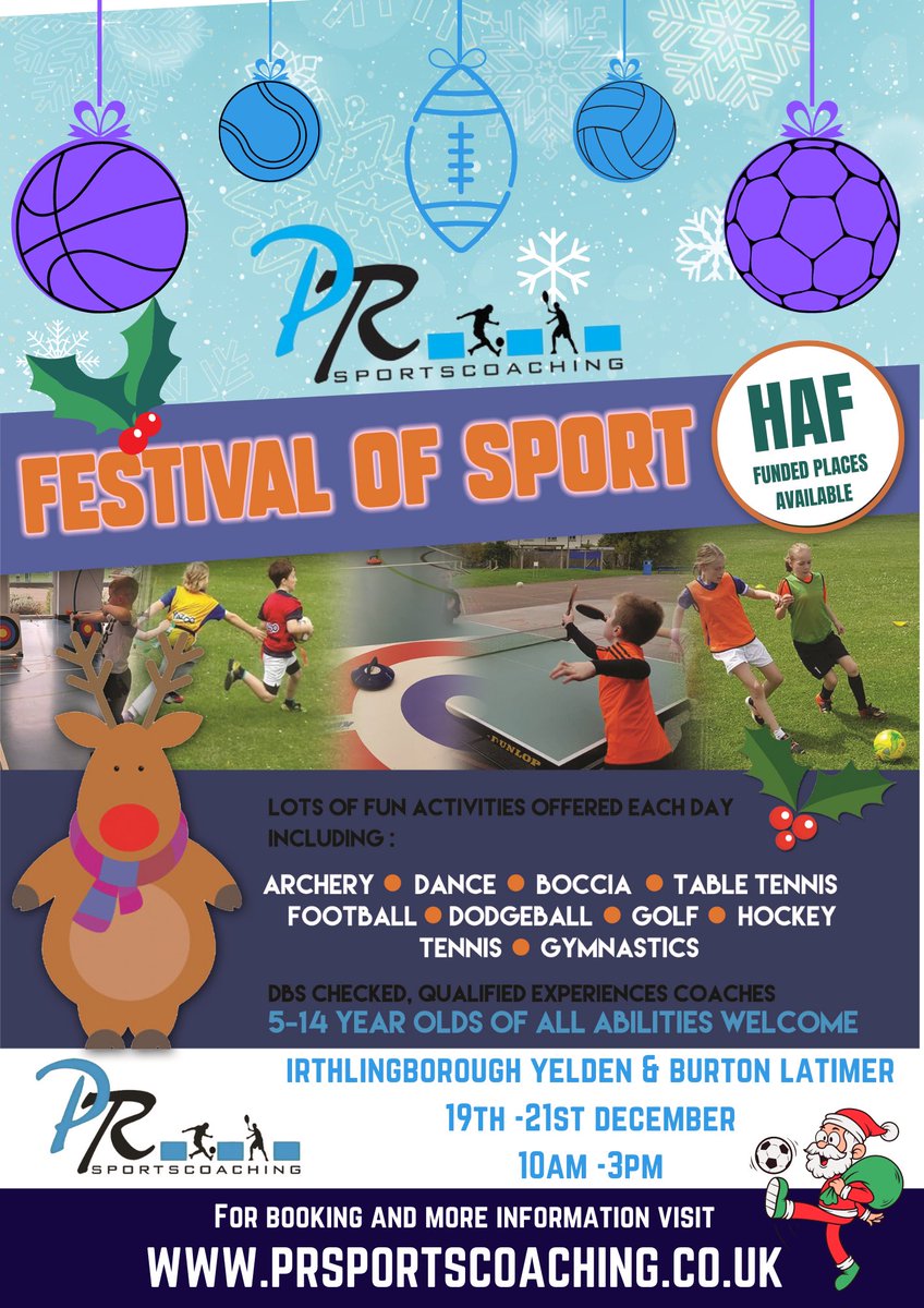 Don’t forget our Christmas Holiday Sports Clubs🎄 

We have Multi Sport events at Irthlingborough, Yelden and Burton Latimer venues. 

10am-3pm
£15 per day
5-14 years olds

We are proud to be supporting the HAF Project again <a href="/Nsport/">Northamptonshire Sport</a> 

To book visit  prsportscoaching.co.uk 💻📱