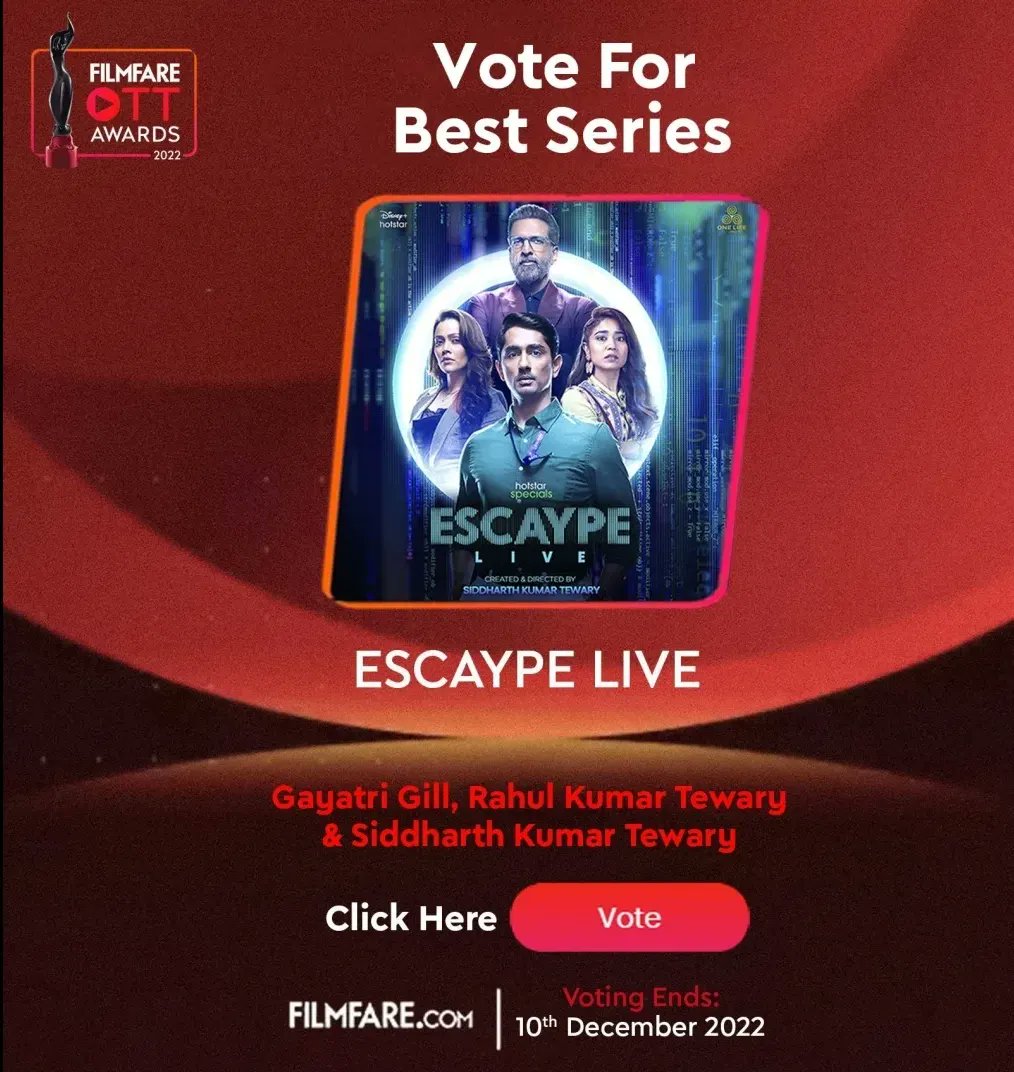 OneLifeStudios's tweet photo. Escaype Live nominated at Filmfare OTT Awards 2022. @filmfare

Shower your love &amp; support by voting by clicking on the link mentioned below.

Let’s get it home.

BEST SERIES – https://t.co/pmmkKe7e1H

BEST DIRECTOR, SERIES - https://t.co/l3re81dsJ0 https://t.co/XK2rvhhIkN