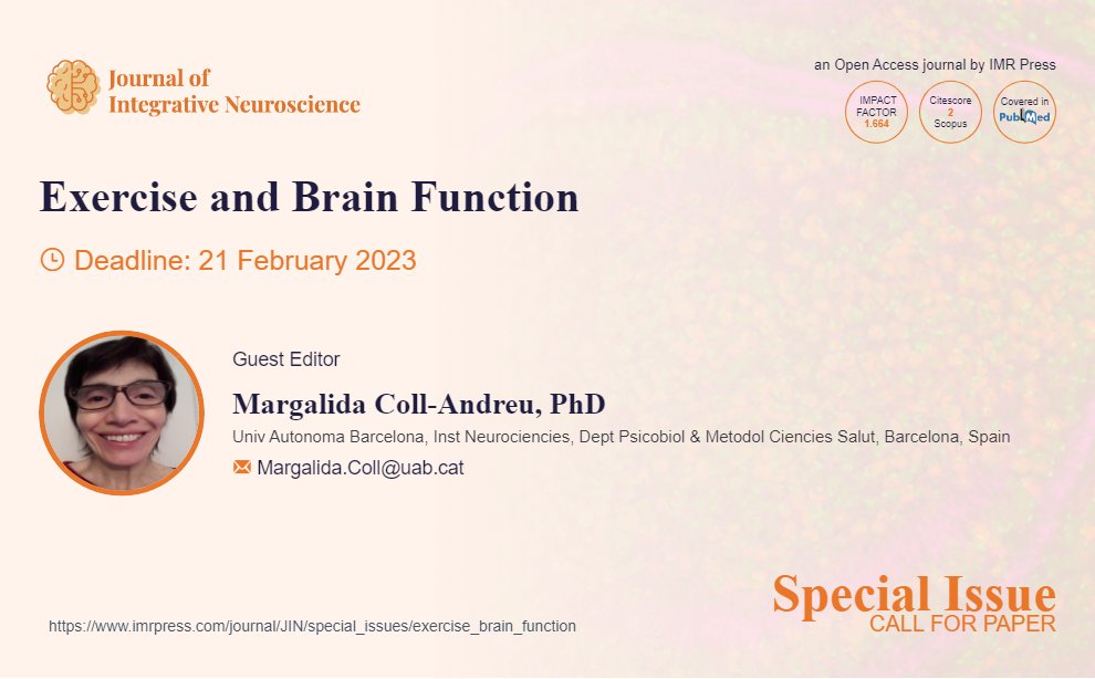elaineoh7's tweet photo. 🥳Open for submission
@JINeuroscience
#physical_exercise #cognitive_function #emotional_regulation #adult_neurogenesis #neuroplasticity #neuroinflammation #myokines
"Exercise and Brain Function" Edited by Dr. Margalida Coll-Andreu
👉For more details:
https://t.co/z2TVw3er8e https://t.co/GQ72aLQ853