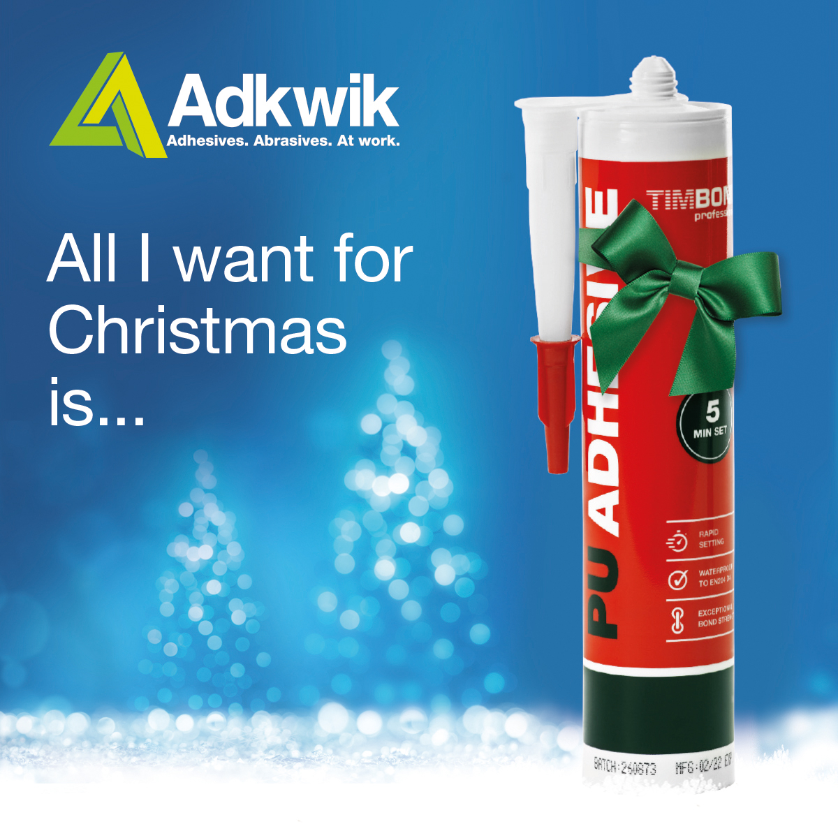 All I want for Christmas is Timbond 5min PU Adhesive!

Here's what our customer Icon &amp; Co has to say about the product:
“As prop makers, we use many different materials, this bonds almost all of them, wood, plastics even polystyrene”