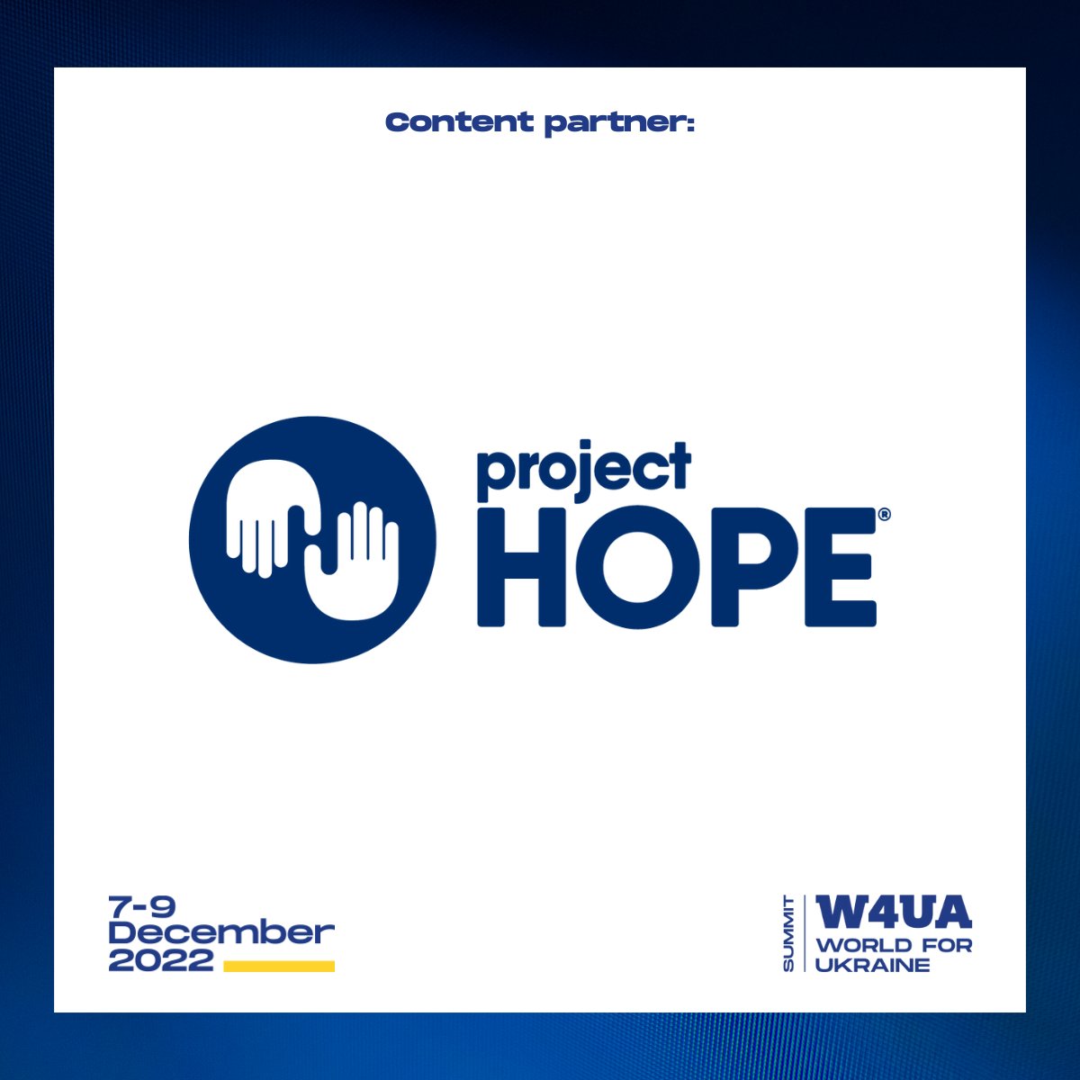 W4UA_Summit's tweet photo. Introducing our Content Partner @projecthopeorg!
Thank you for joining @W4UA_Summit 🤝 We highly appreciate your support and trust 🙌 We are grateful to all involved for standing with Ukraine 🇺🇦
#w4uafoundation #w4ua #w4uasummit #worldforukraine #worldforukrainesummit #g2aarena https://t.co/EYSALxk5B3