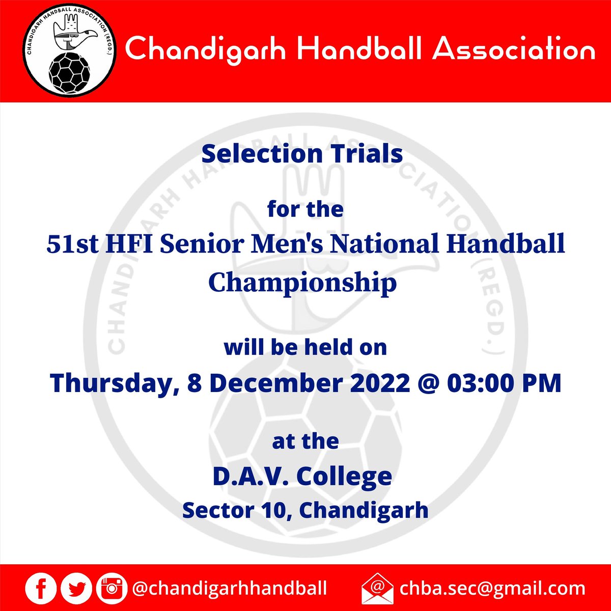 CDGhandball's tweet photo. Selection trials for the 51st HFI Senior Men's National Handball Championship will be held on Thursday, 8 December 2022 at D.A.V. College, Sector 10, Chandigarh. https://t.co/yNxtJbicP7