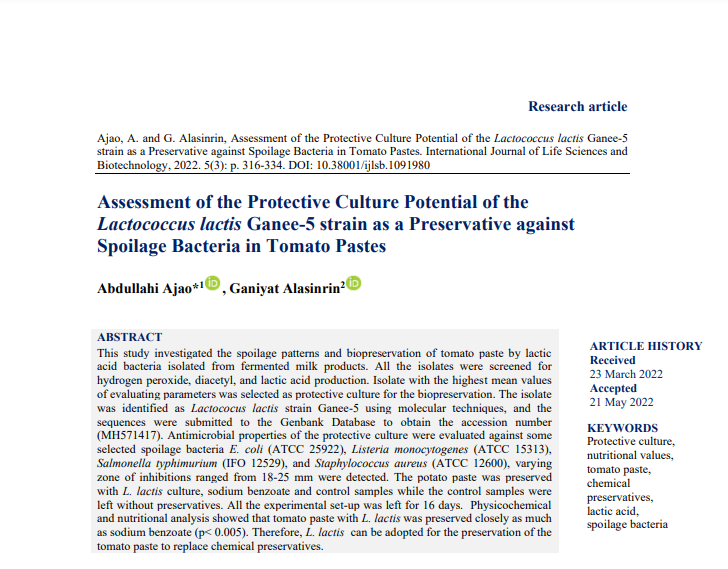 int_sci's tweet photo. Assessment of the Protective Culture Potential of the Lactococcus lactis Ganee-5 strain as a Preservative against Spoilage Bacteria in Tomato Pastes
Authors: Abdullahi Ajao, Ganiyat Alasinrin
#protectiveculture #nutritionalvalues #chemicalpreservatives
https://t.co/RGxlxTD0kL https://t.co/GGq60xgsvl