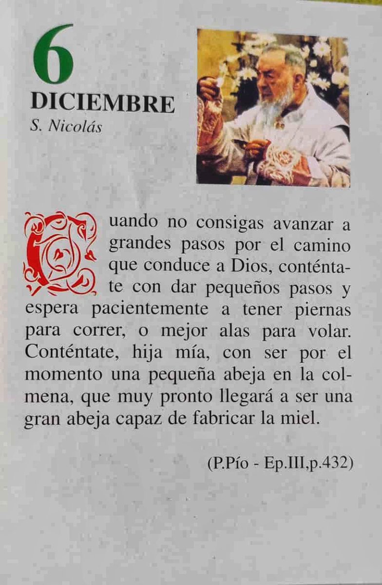 ¡Feliz Martes 6 de Diciembre!

“Cuando no consigas avanzar a grandes pasos por el camino que conduce a Dios, conténtate con dar pequeños pasos y espera pacientemente a tener piernas para correr, o mejor alas para volar. Conténtate, hija mía, con ser por el momento una pequeña…”
