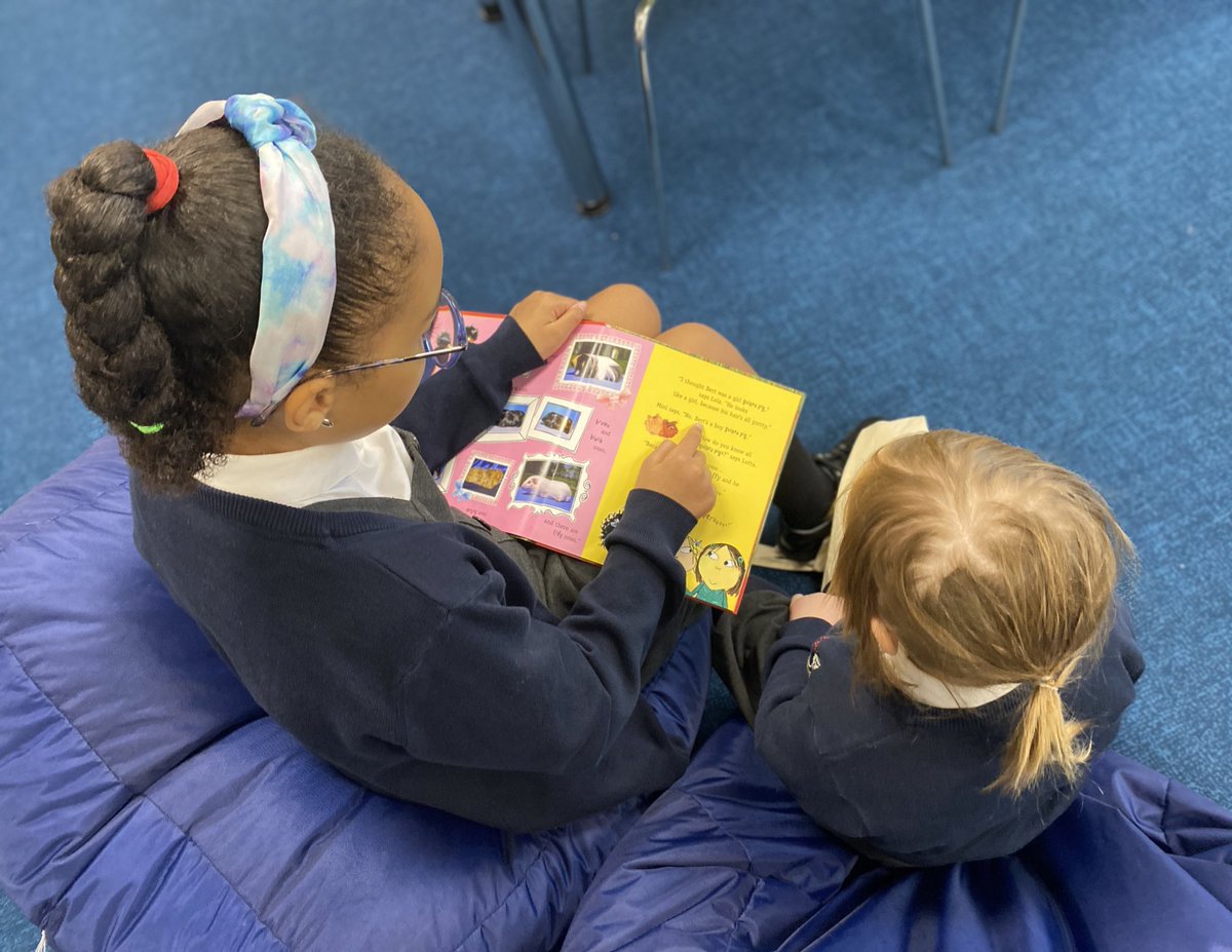 pleasantstreads's tweet photo. A lovely sight this morning as we captured a set of reading buddies enjoying a text together. Our older buddy has even purchased stickers to give out to celebrate their partners progress 😊😊 @PleasantStPrim https://t.co/g4PrE6X0we