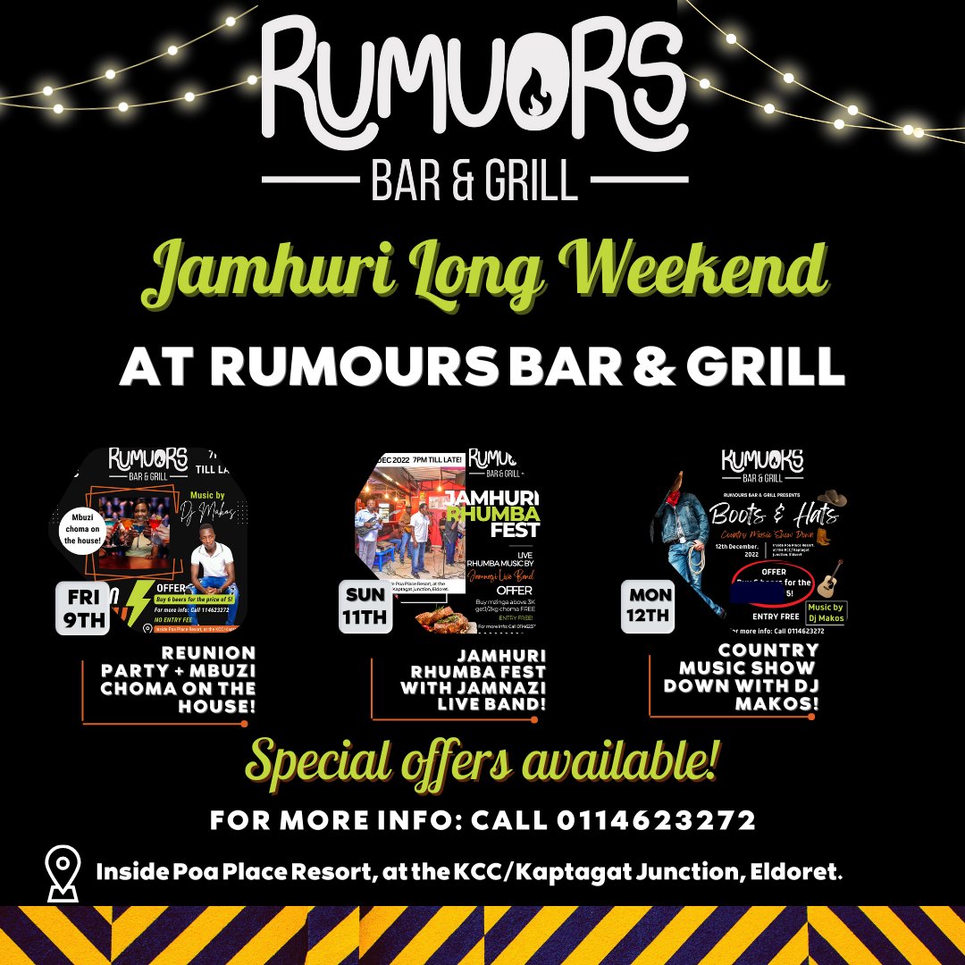 poaplaceeldy's tweet photo. Your long weekend is sorted at Rumours Bar & Grill!π₯³π»πΎ
LOCATION: Inside Poa Place Resort, at the KCC/Kaptagat junction, Eldoret.
#rumoursbarandgrill #barandgrill #poaplaceresort
#eldoret #drinks #cocktails #beer #jamhuriday #longweekend #eldoretnightlife #eldoretevents https://t.co/Y1kwRtkzCK