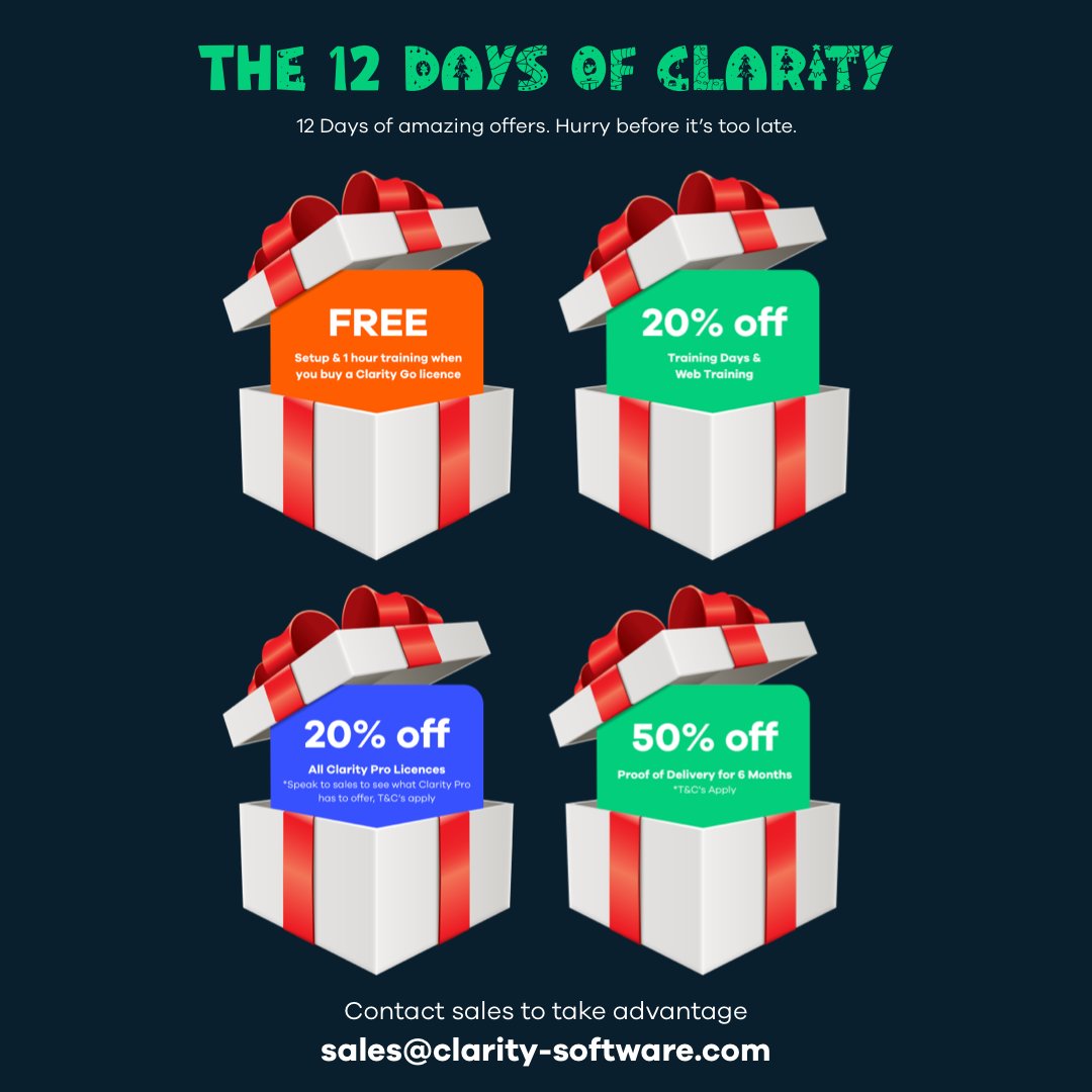 HURRY 6 DAYS LEFT!

🔹 FREE Setup &amp; 1 hour training when you buy a Clarity Go licence
🔹 50% off Proof of Delivery for 6 Months
🔹 20% off All Clarity Pro Licences
🔹 20% off Training Days &amp; Web Training

Contact sales
✉ sales@clarity-software.com
📞 +44 (0)121 248 2448