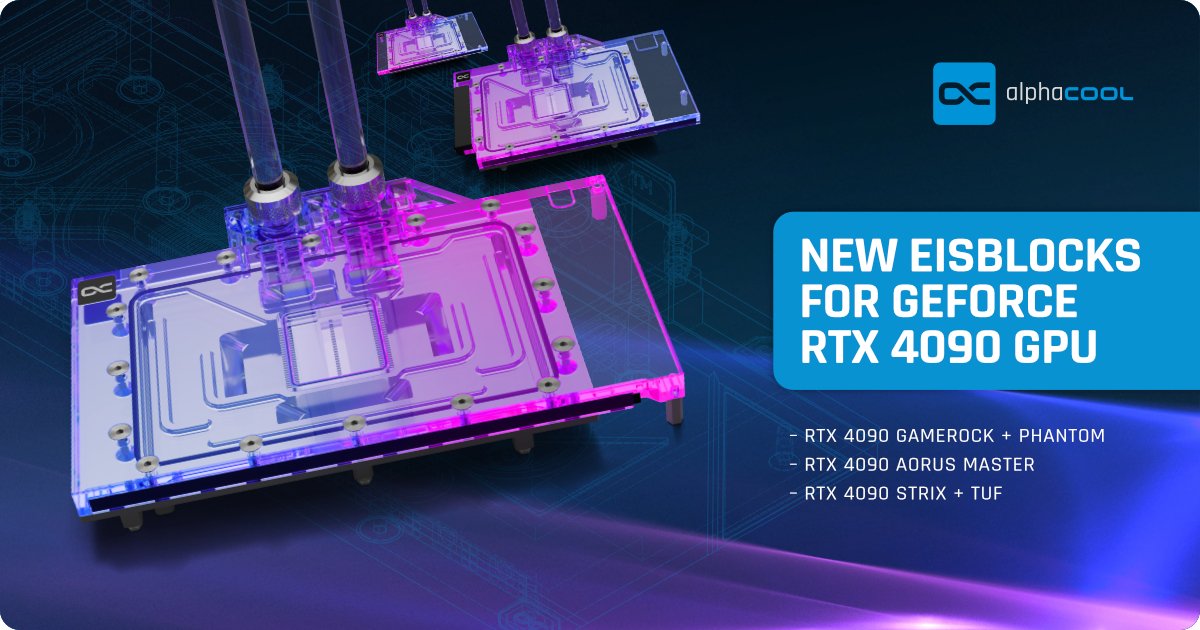 alphacool's tweet photo. More performance for #Geforce RTX 4090! The #Eisblock Aurora watercoolers for RTX 4090 @GIGABYTE_DE Gaming OC &amp; Aorus Master, #Palit GameRock (OC), #Gainward Phantom as well as @ASUS  TUF &amp; ROG Strix GPU's are available for pre-order >>> https://t.co/RaakkH9ukr #alphacool https://t.co/YXwCtMGXtP