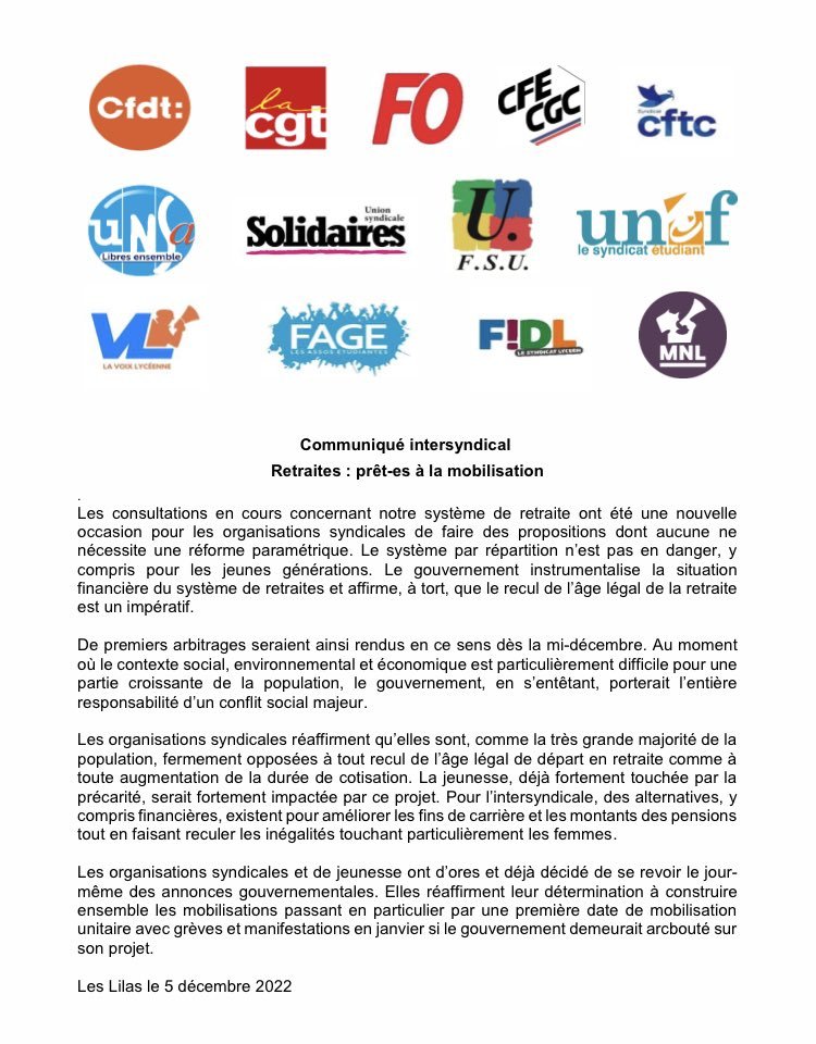 SyndicatCFTC's tweet photo. Communiqué intersyndical sur les #Retraites https://t.co/5XwEtbMvys