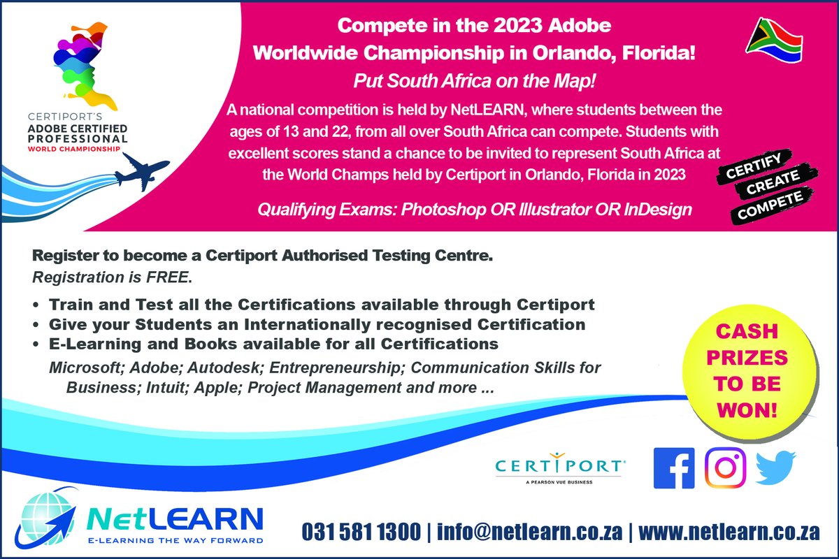 NetLEARN_SA's tweet photo. Think your students have what it takes to go head to head with other Adobe Champs in the world? Put forward your creative lil geniuses and make your school &amp; South Africa proud!  #southafrica #adobe  #students  #certiport #photoshop #indesign #illustrator #netlearn https://t.co/nlpYLdZzTJ