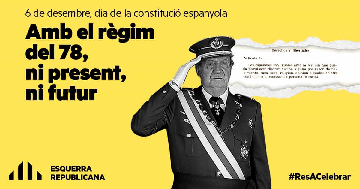 ERPV_Tavernes's tweet photo. 📢 La Constitució és un text caduc ❌ que s’usa per convertir els valencians en ciutadans de segona.

🔴 Hui no tenim res a celebrar, seguim lluitant pels nostres drets socials i nacionals. ✊ Amb el règim del 78, ni present, ni futur. #6D #ResACelebrar https://t.co/FGokVQtG57