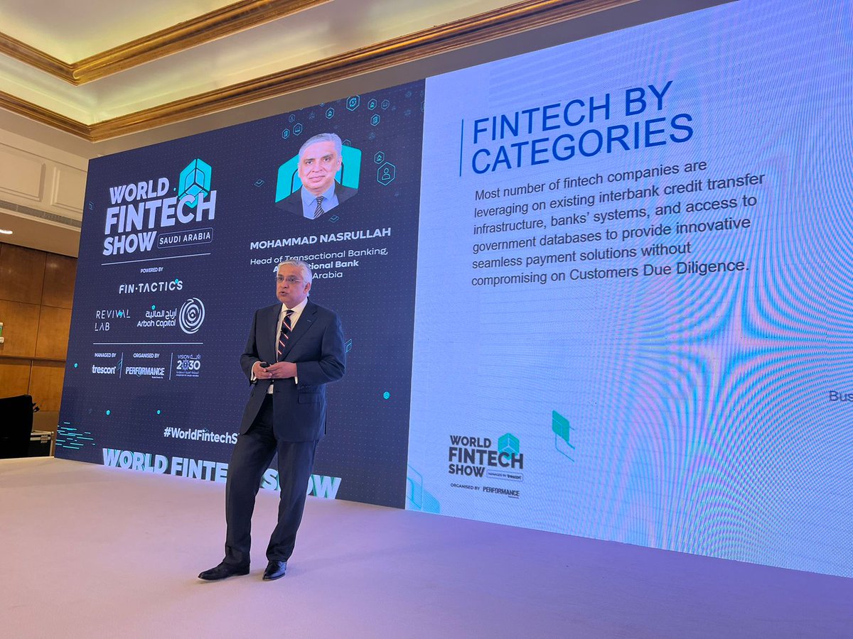 TresconMENA's tweet photo. Live now at #WorldFintechShow - KSA.
A Keynote on 'Banking as a service – A boon for Fintech providers' being delivered by Mohammad Nasrullah, Head of Transactional Banking, Arab National Bank
#trescon #tresconfintech #fintech #fintechMENA https://t.co/eiKMZaJxCp