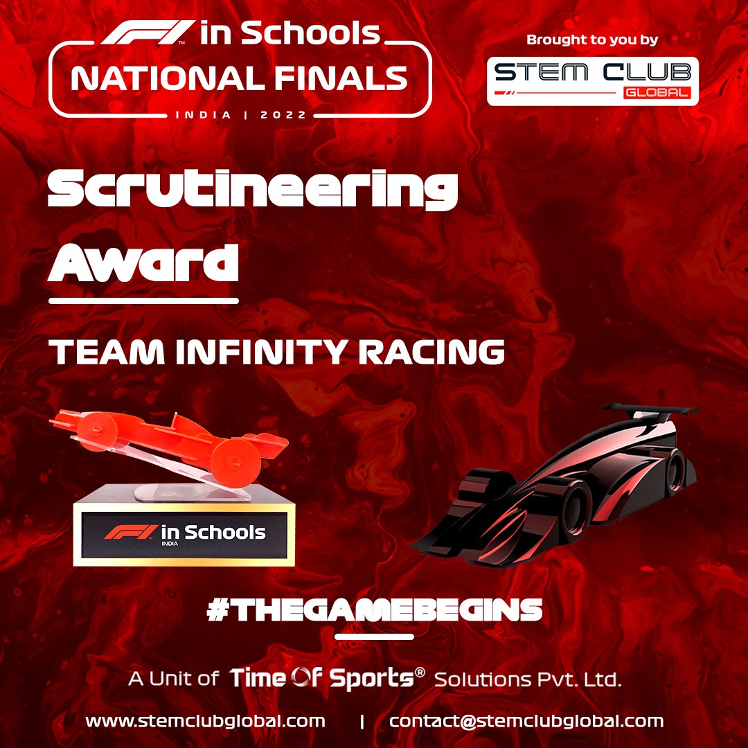 STEMplifyi's tweet photo. 🎉Team Infinity Racing has won the Scrutineering Award!
.
.
.
#NationalFinals #StemClubGlobal #TimeOfSports #F1inSchoolsIndia #F1S #F1 #FormulaOne https://t.co/WjHtjUkSiG