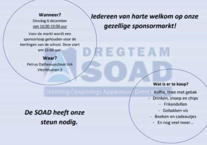 Vanmiddag organiseert de  Petrus Dathenusschool op Urk een sponsormarkt t.b.v. Dregteam SOAD. Deze markt bevelen wij dan ook van harte bij u aan.
Iedereen is van harte welkom!