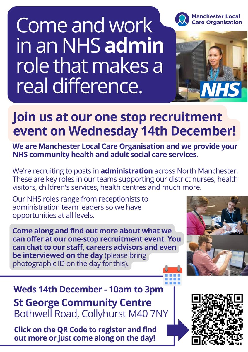 We're looking for people to join our fantastic NHS admin and clerical teams in North Manchester! Join us at our one stop recruitment event. Meet our teams, career advice and an interview on the day!
🕙 10 to 3
🗓️ Wed 14 Dec
📍St Georges M40 7NY
Register at bit.ly/3Y25BrW