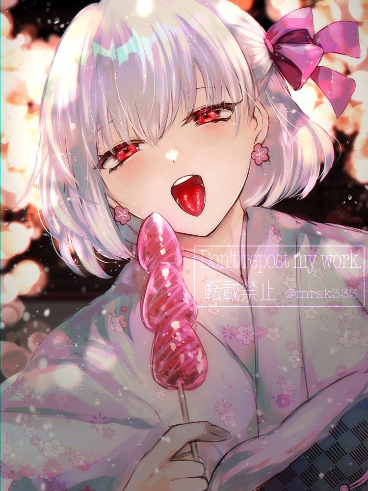 kama (fate) 1girl kimono japanese clothes short hair red eyes food earrings  illustration images