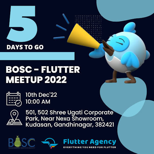 boscservices's tweet photo. I can hear you all!!
You guys are desperately waiting for BOSC- FLUTTER MEETUP on 10th December 2022.

We are excited to invite you to our office in Gandhinagar, Gujarat.

See you soon all flutterites!

#flutter #flutterdevelopers #flutterdev #fluttermeetup #flutterevent https://t.co/CBs2Dxllt6
