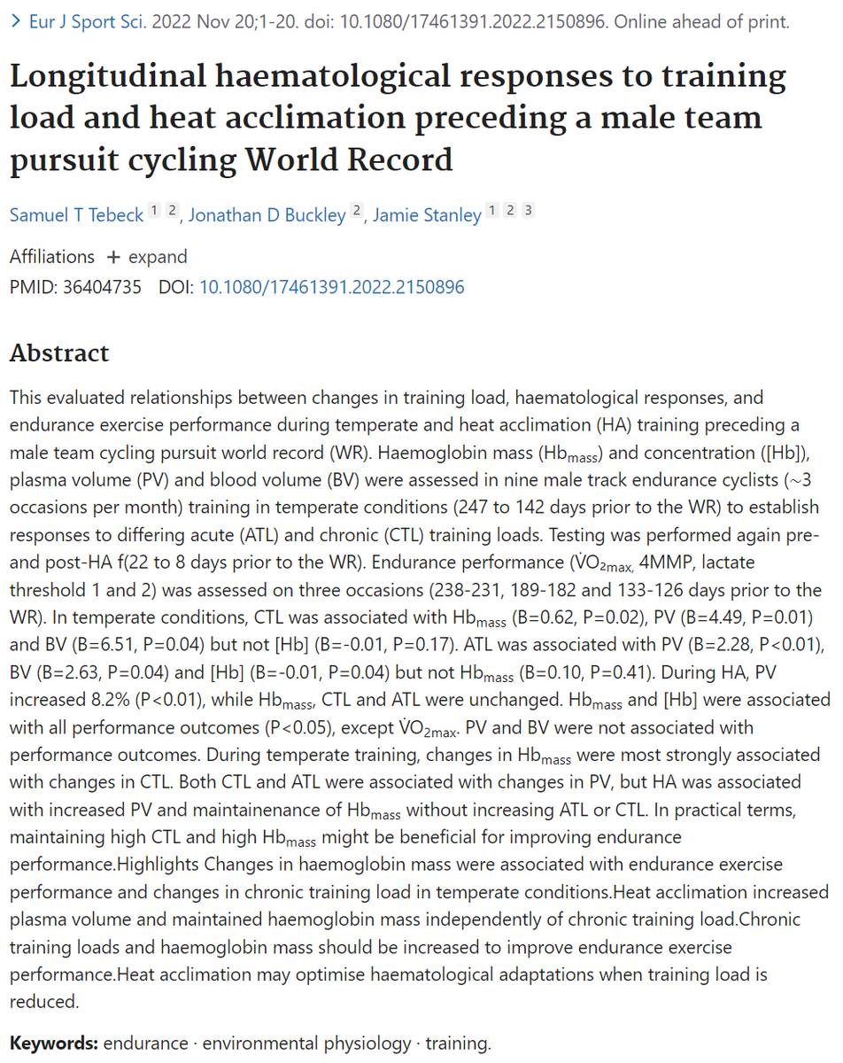 -Changes in Hbmass were associated with endurance exercise performance &amp; changes in chronic training load in temperate conditions

-Heat acclimation increased PV &amp; maintained Hbmass independently of chronic training load

More to come... #heattraining #WR

researchgate.net/publication/36…