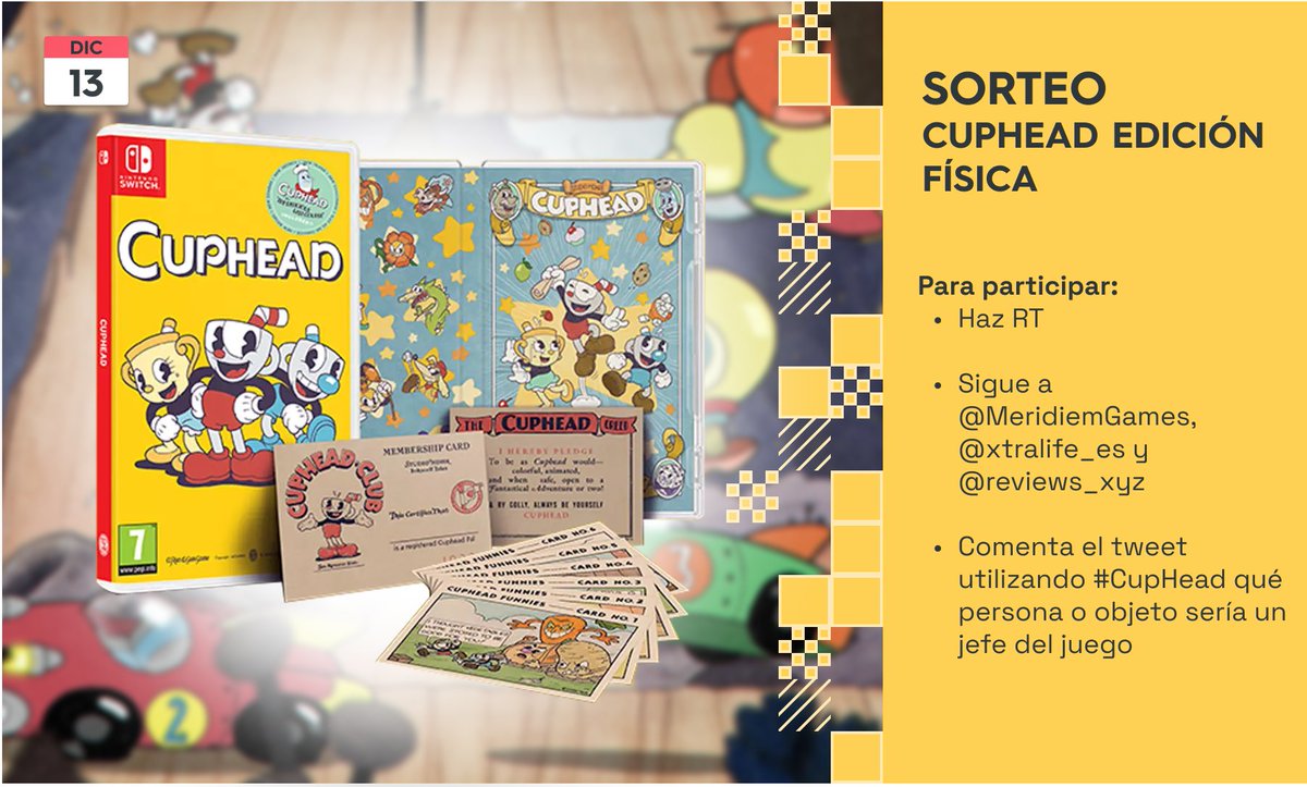 #SORTEO Edición física CUPHEAD #Switch para celebrar su lanzamiento en físico! 🥳

✅Haz RT
✅Sigue a 
<a href="/MeridiemGames/">Meridiem</a>
<a href="/xtralife_es/">xtralife</a> 
<a href="/reviews_xyz/">XYZReviews</a> 
✅Comenta con #Cuphead 

Ganador Viernes 9 a las 16:00 en Directo! Twitch.tv/xyzreviews