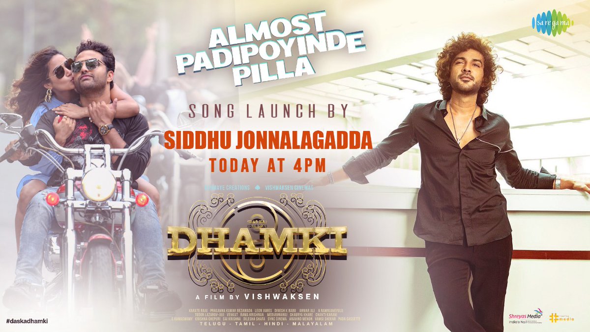 The Most Happening DJ TILLU aka @Siddu_buoy to launch the #AlmostPadipoyindePilla Lyrical Song Today @ 4 PM 🎶

#Dhamki 
#DasKaDhamki ❤️‍🔥

@VishwakSenActor @Nivetha_Tweets @leon_james @AdithyarkM @VScinemas_ @saregamasouth