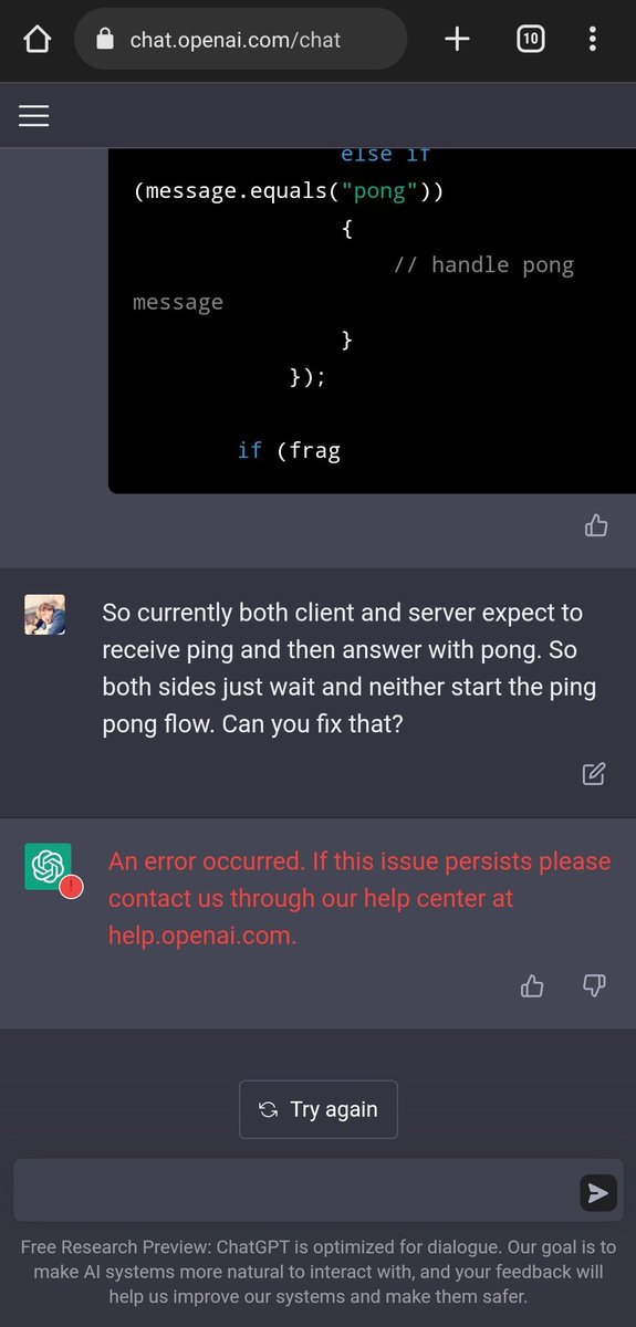 Nikkekin's tweet photo. ChatGPT3 showed some skill generating classes doing ping pong using Aeron and SBE, but after some refactoring to multiple classes ChatGPT3 eventually lost track who was the client who was the server. Very human conversation and also error in the end ;) https://t.co/6a0vEa2bii