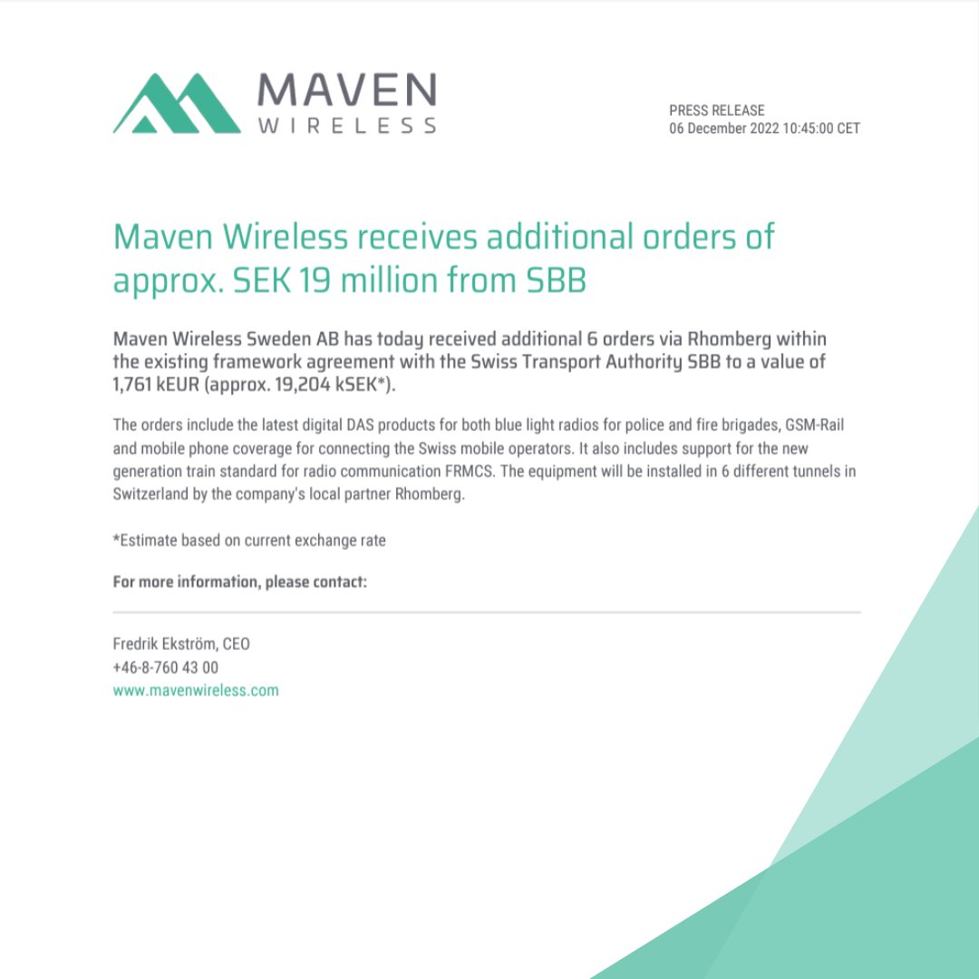 MavenWireless's tweet photo. Maven Wireless receives additional orders of approx 19 MSEK from SBB.
https://t.co/x84nakBtFA
#5G #pressrelese https://t.co/WeX66e1ip6