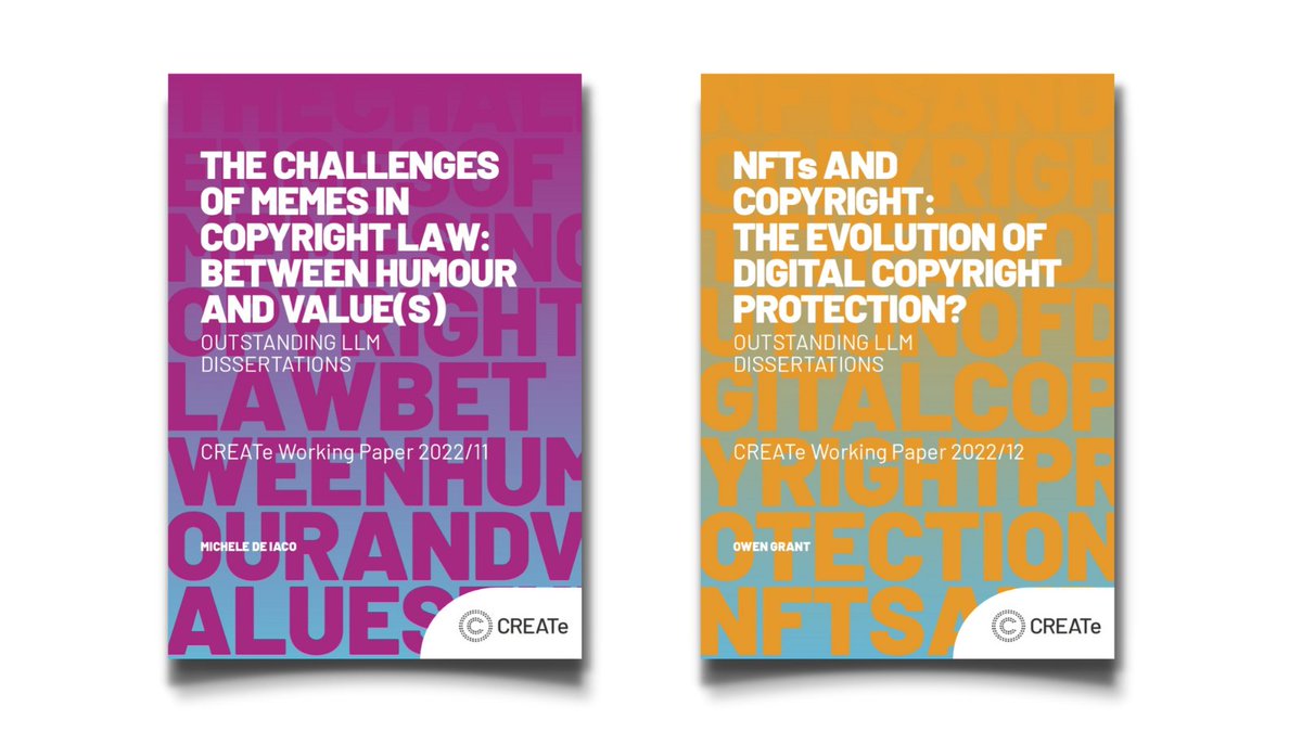 Authors of two outstanding #IP LLM dissertations: Michele De Iaco and Owen Grant see their work published as CREATe working papers. Be sure to check their excellent research on #memes and #NFT!
create.ac.uk/research-paper…