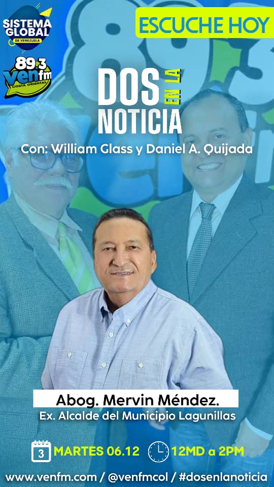 MERVINMENDEZQ's tweet photo. Buen día hoy estaré a las 12 pm,en el programa Dos en la noticia con William Glass y Daniel Quijada ,escúchalo , construyendo la unidad opositora para ganar en el 2024. https://t.co/XeSSGIYHEy
