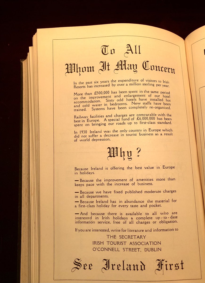 IdahoNua's tweet photo. As we celebrate 100 years of the Irish State.
Here is the Free-state Handbook of 1932 and our first tentative steps into tourism
A master class in underselling and over delivering, no mention of the scenery, just the value, and the “facilities”
@TourismIreland
#IrishState https://t.co/sSWfOCRqNN