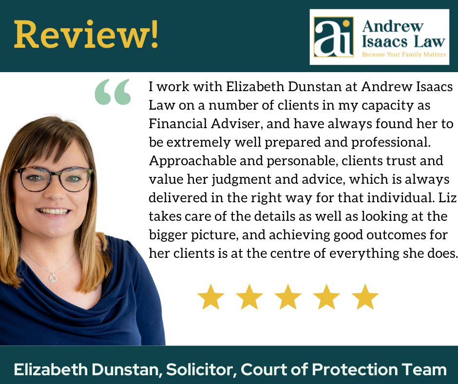 AndrewIsaacsLaw's tweet photo. ⭐ ⭐ ⭐ ⭐ ⭐

Another 5 Star Review just in for our Elizabeth Dunstan, Solicitor in our Court of Protection Department. 

Well done Elizabeth 👏

#reviews #fivestarreview #courtofprotection https://t.co/FrthNfXusg