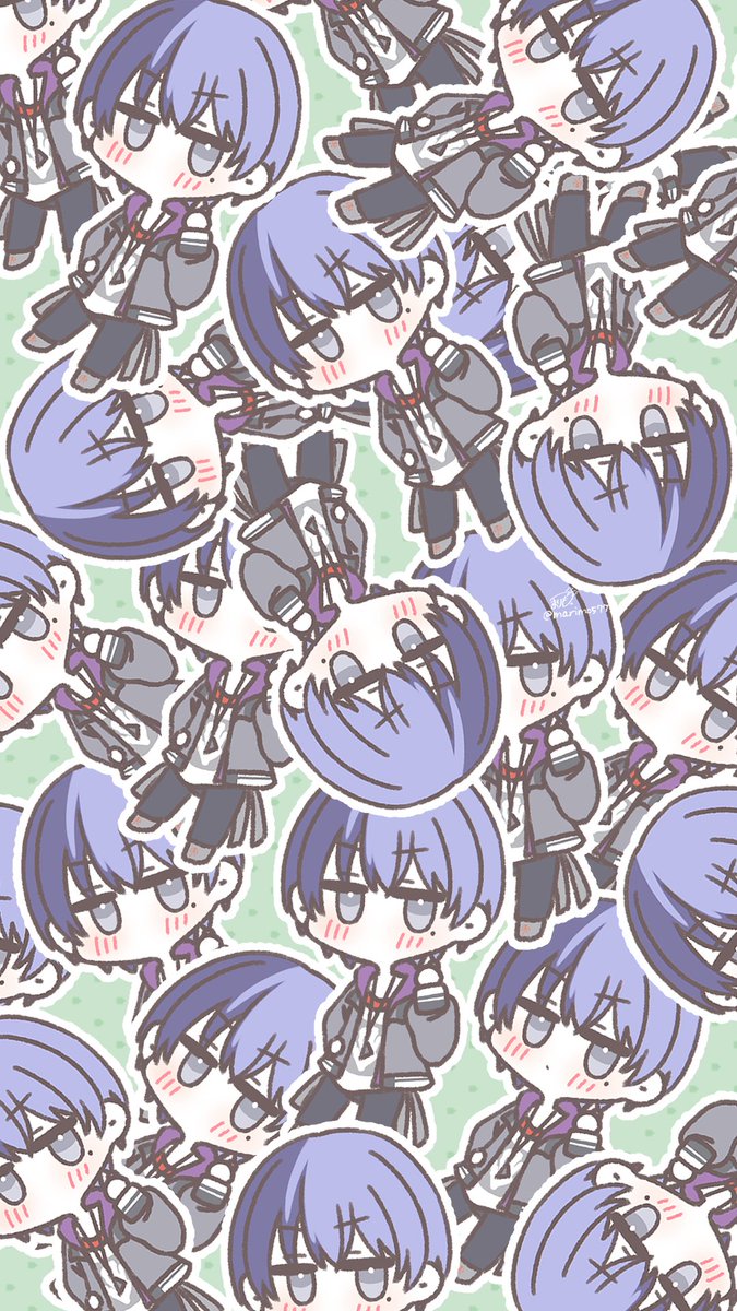 purple hair chibi streaked hair shirt green background crossed arms closed eyes  illustration images