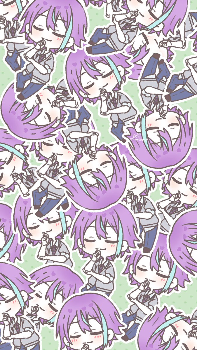 purple hair chibi streaked hair shirt green background crossed arms closed eyes  illustration images