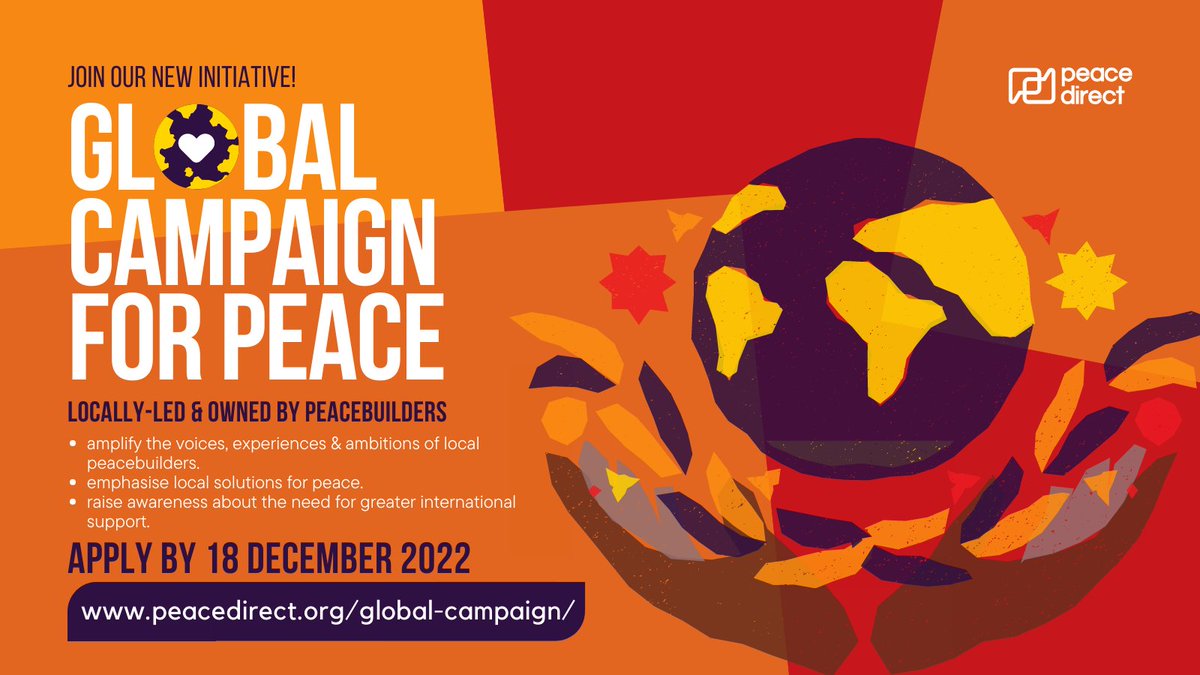 insightconflict's tweet photo. 📣Calling peacebuilders worldwide! 
@peacedirect is looking for local peacebuilders from around the world to co-create and lead a new Global Campaign to amplify local solutions for peace. 

Apply to be a co-creator by 18 Dec: https://t.co/WwCpl4pAux
#pdglobalcampaign #locallyled https://t.co/zwlIpgvtEp