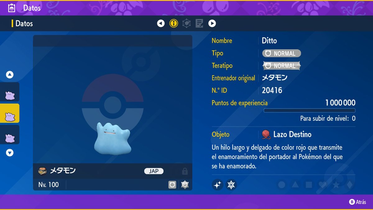 ✨Se Viene Nuevo Reparto✨

🪐En esta ocasion traigo un Ditto Japones Perfecto, Shiny, lvl 100 con Lazo Destino🪐

🚨Sera hoy de las 21:00 a las 23:00 hora española, o agotarse, por Pokemon 🍊S/V🍇 (27021996)🚨

❤️‍🔥Requisitos:❤️‍🔥
-Follow
-RT🔄
-❤️
-Trainer Name