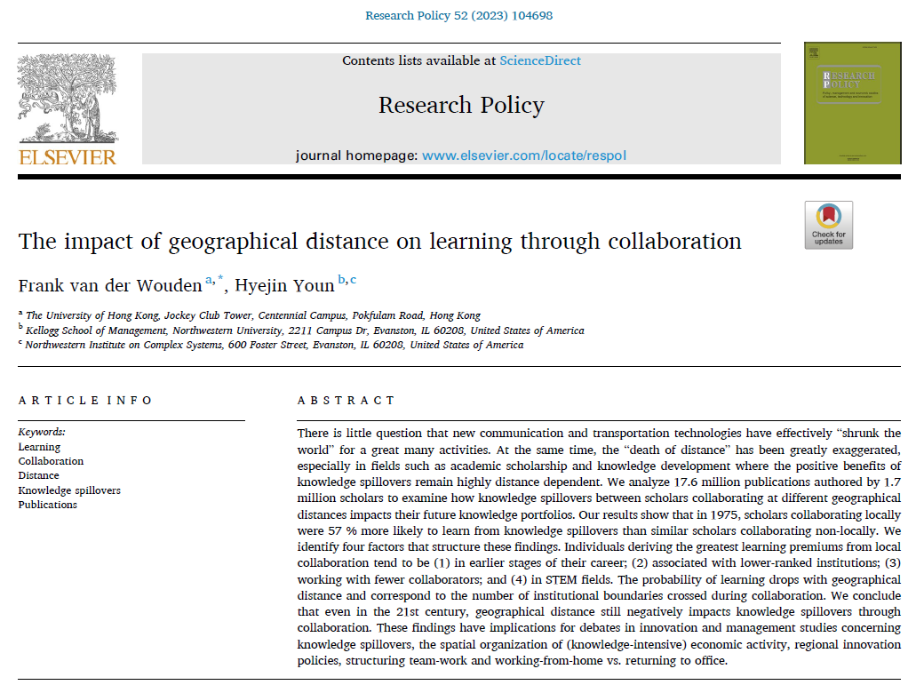 fvanderwouden's tweet image. Do collaborators learn more when they are co-located?

Yes! They are 57% more likely to learn!

In this Research Policy paper, @hyejin_youn &amp;amp; I track the careers of 1.6m #scholars between 1975-2018.

We find the following...  

bit.ly/3HdF9W5

🧵1/7