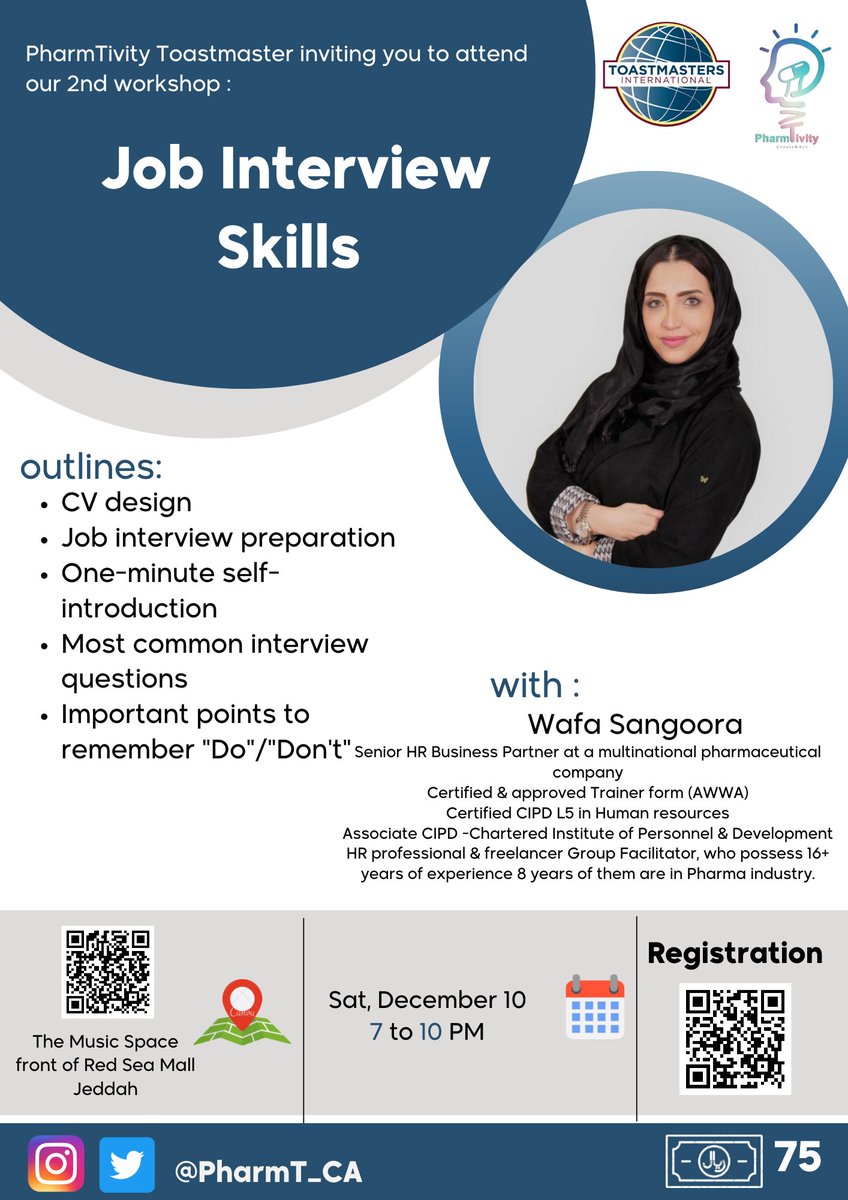 PharmT_CA's tweet photo. 📣PharmaTivity Toastmasters are gladly inviting you to our Second workshop 📝

With / Wafa Sangoora
📍the music space 
🗓️ Sat 10.Dec
⏰ 7 - 10PM

✨registration link in Bio ✨ https://t.co/kFiH7YbDz3