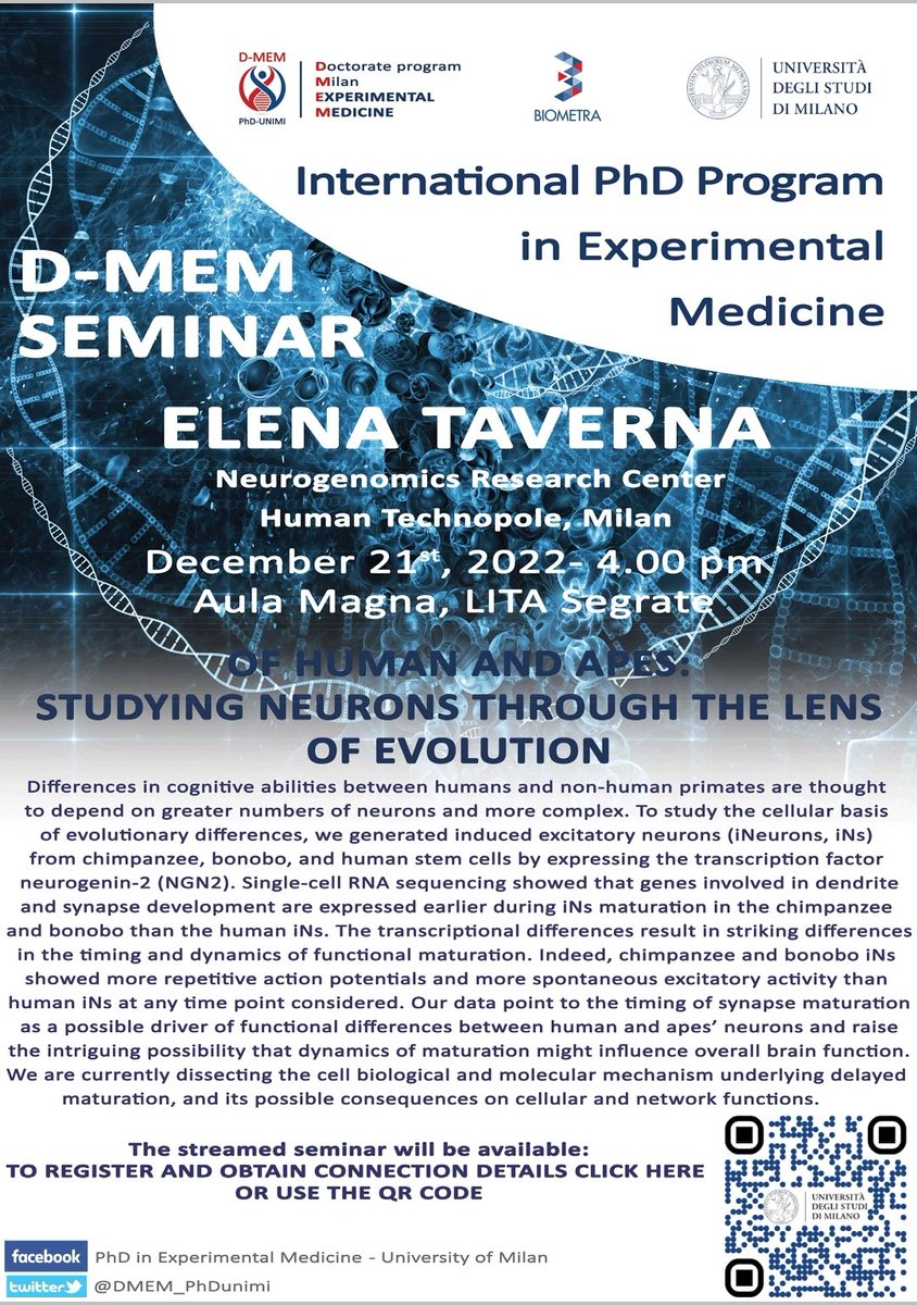 DMEM_PhDunimi's tweet photo. Get ready to join our next seminar on December 21st: we will discuss about Neurons and Evolution! https://t.co/TNgWR7ugzt