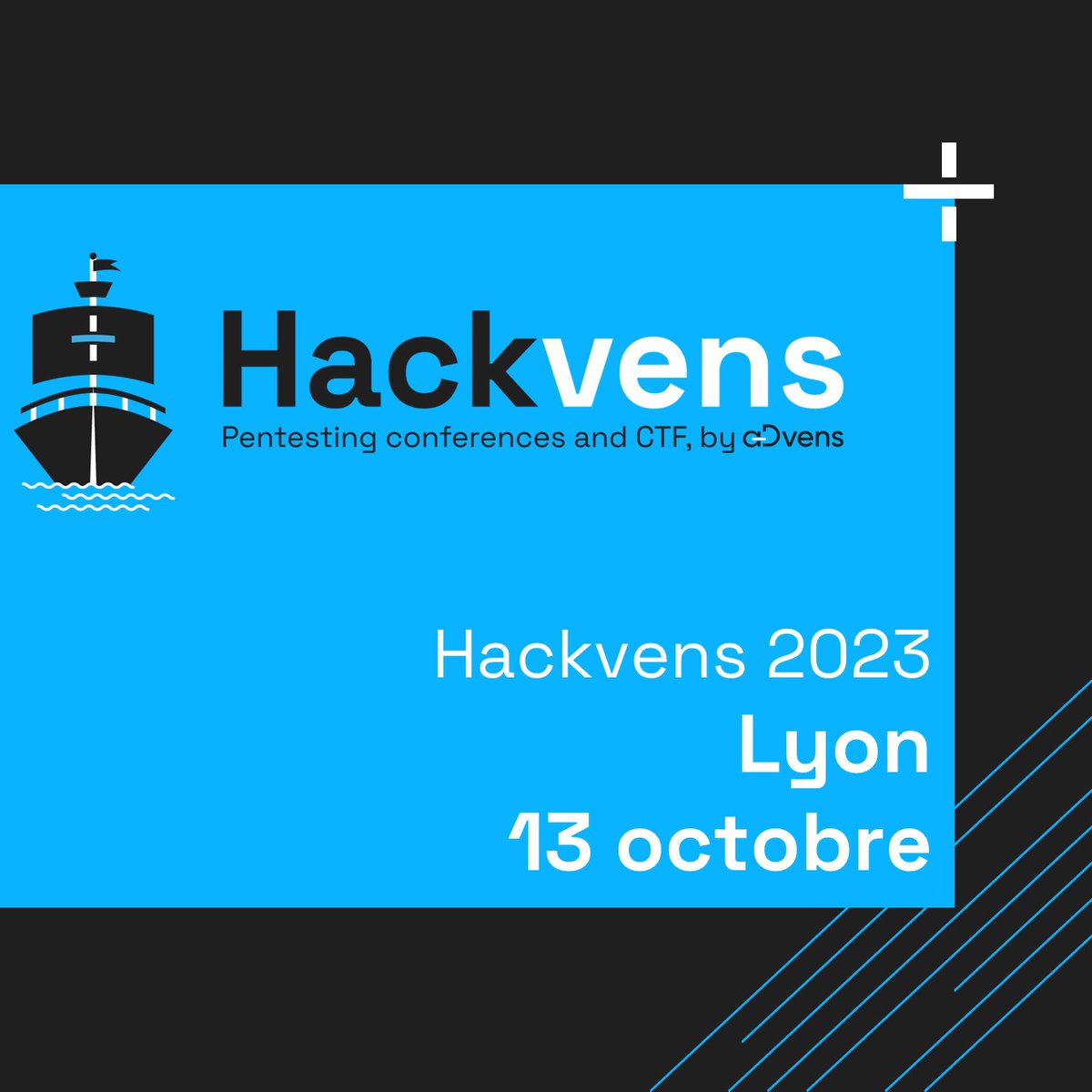 hackvens's tweet photo. 🎉 Save the date ! 
La seconde édition de Hackvens sera le 13/10/23 à Lyon ! 
Informations à venir ici et sur notre site 😊
Inscrivez vous pour être notifié de l'ouverture en avance ! 

https://t.co/o4plQ6lndo

#Hackvens #Conferences #Pentest 
@advens https://t.co/94FtGX1POV