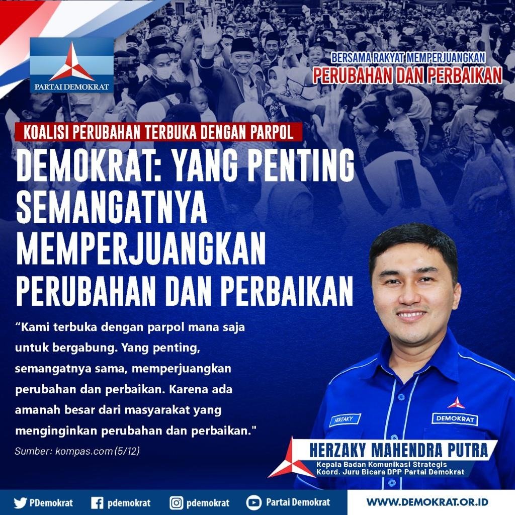 PDemokrat's tweet photo. "Kami terbuka dengan parpol mana saja untuk bergabung. Yang penting, semangatnya sama, memperjuangkan perubahan dan perbaikan. Karena ada amanah besar dari masyarakat yang menginginkan perubahan dan perbaikan."

Herzaky Mahendra Putra
Kepala Bakomstra DPP Partai Demokrat https://t.co/KRx2fN4OSL