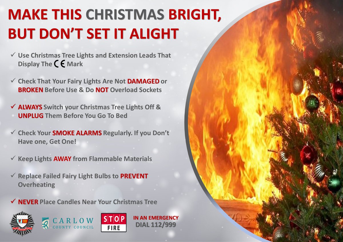 CarlowFire's tweet photo. 🎅🎅MAKE THIS CHRISTMAS BRIGHT, BUT DON’T SET IT ALIGHT🎅🎅

Use Christmas Tree Lights and Extension Leads that Display the CE Mark
Check that Christmas Lights are NOT DAMAGED or BROKEN before use and DO NOT OVERLOAD sockets
@FireSafetyIre @Carlow_Co_Co @DeptHousingIRL https://t.co/S07W9464WP
