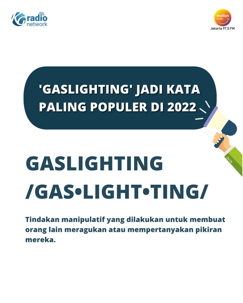 MOTION975FM's tweet image. &apos;Gaslighting&apos; jadi istilah terpopuler pada 2022. Pencarian kata ini meningkat hingga 1740% 😱

Kalo Temen Motion sering pake istilah ini juga gak? 🧐

📄 bit.ly/3nI9pxB

#gaslighting #istilahterpopuler #MotionUpdate #motion975fmjkt