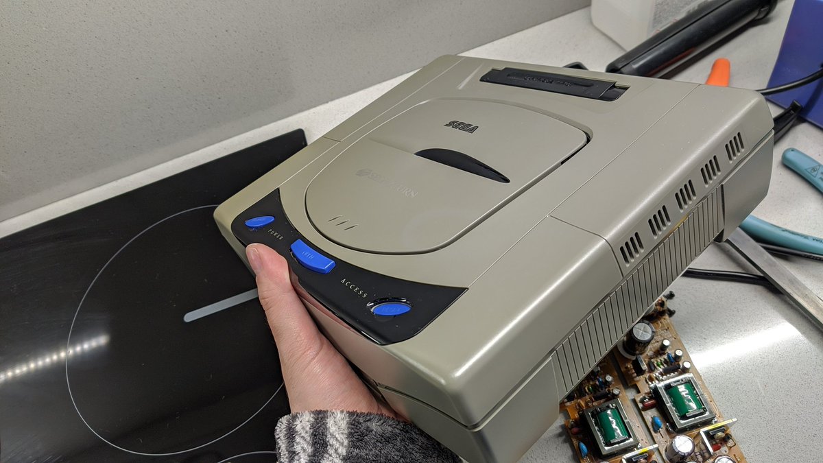 hitmanmcc's tweet photo. Another day, another shell restored. This time a Japanese model 1 #Sega Saturn. #RETROGAMING #retrobrighting https://t.co/LfMpNAyV13