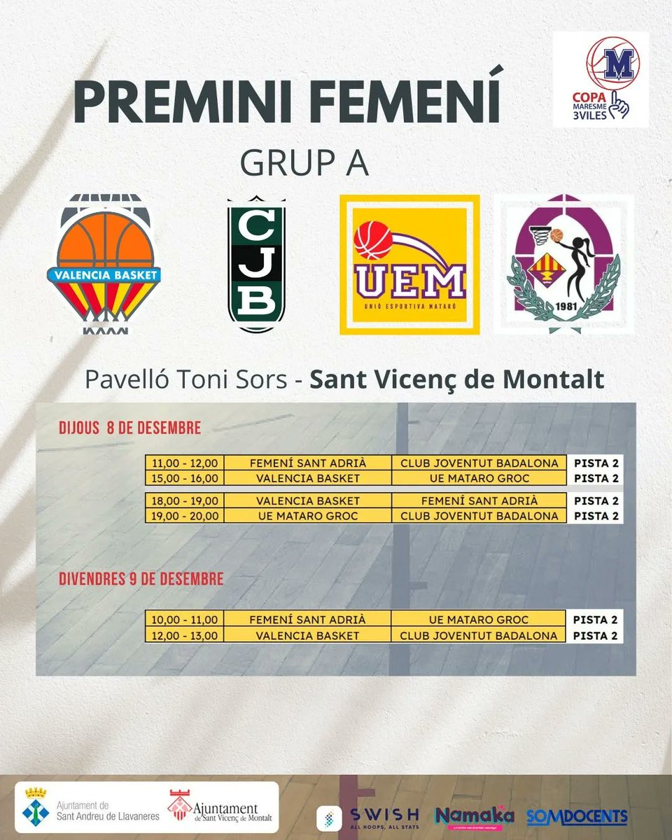 CopaMaresme3V's tweet photo. Grups i horaris Premini Femení 🔥

GRUP A
@valenciabasket @uemataro @Penya1930 @FemSantAdria

GRUP B
@uemataro @BasketAlmeda @cbsantgregori @cbsantfeliuenc 

Som-hi 🏀 https://t.co/oHZDzNAfkD