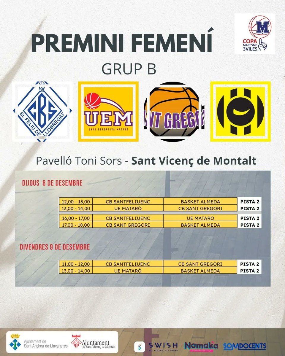 CopaMaresme3V's tweet photo. Grups i horaris Premini Femení 🔥

GRUP A
@valenciabasket @uemataro @Penya1930 @FemSantAdria

GRUP B
@uemataro @BasketAlmeda @cbsantgregori @cbsantfeliuenc 

Som-hi 🏀 https://t.co/oHZDzNAfkD