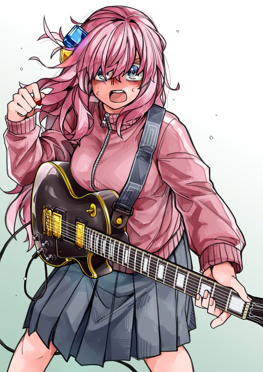 gotou hitori 1girl guitar electric guitar pink hair skirt cube hair ornament solo  illustration images